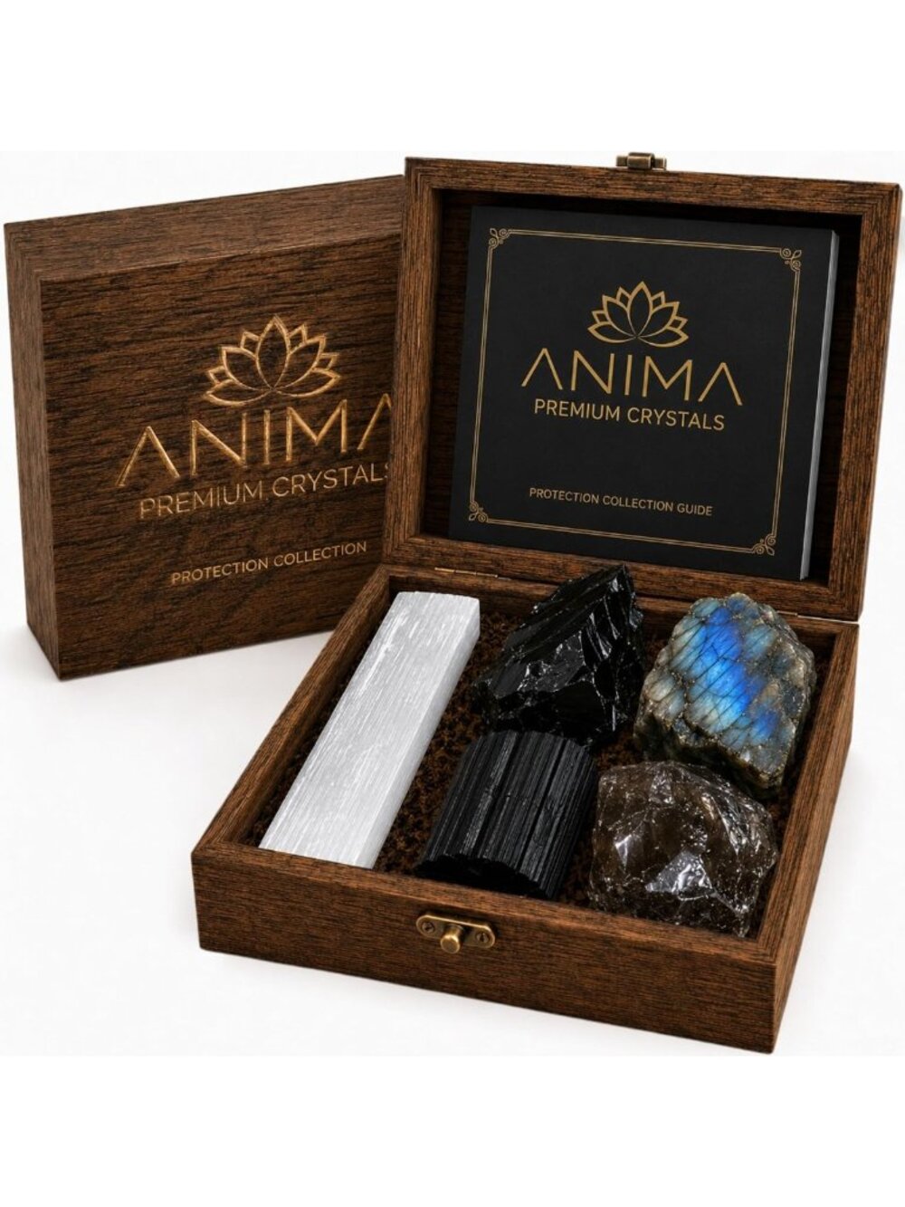 Energy Shielding Crystal Set in Elegant Wooden Box | Tourmaline, Obsidian